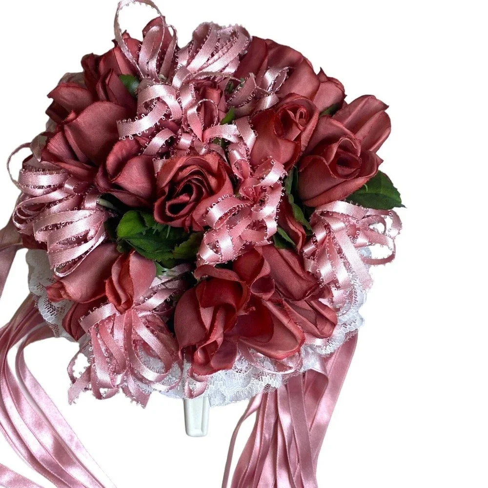 VTG Silk Flower & Lace Streamers Wedding Bridal Bouquet Red Rose & Pink Ribbons